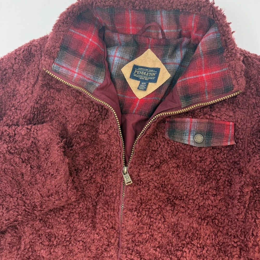 Pendleton Womens Medium Burgundy Sherpa Fleece Plaid Trim Full Zip Jacket